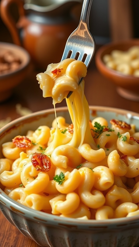 A bowl of baked three-cheese mac and cheese, topped with golden breadcrumbs and melted cheese, ready to be served.
